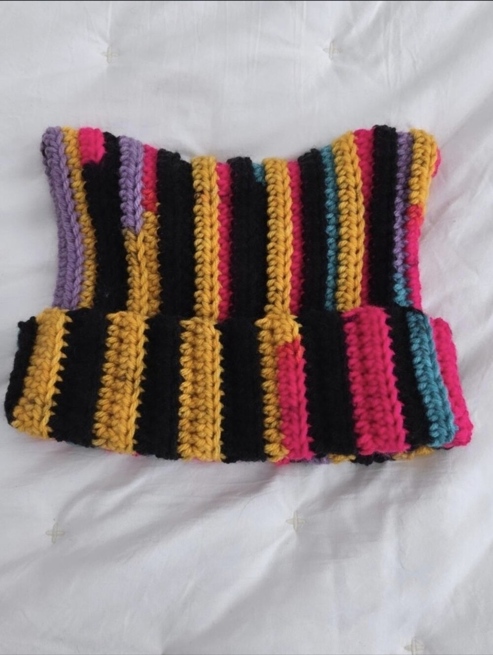 Striped Crochet Cat Ear Beanie - Mustard, Black, Pink, Purple